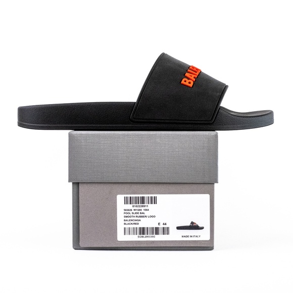 Balenciaga Black Red Pool Slide Sandals Men’s Rubber Logo - NEW - EU 44 | US 11 - Picture 2 of 15